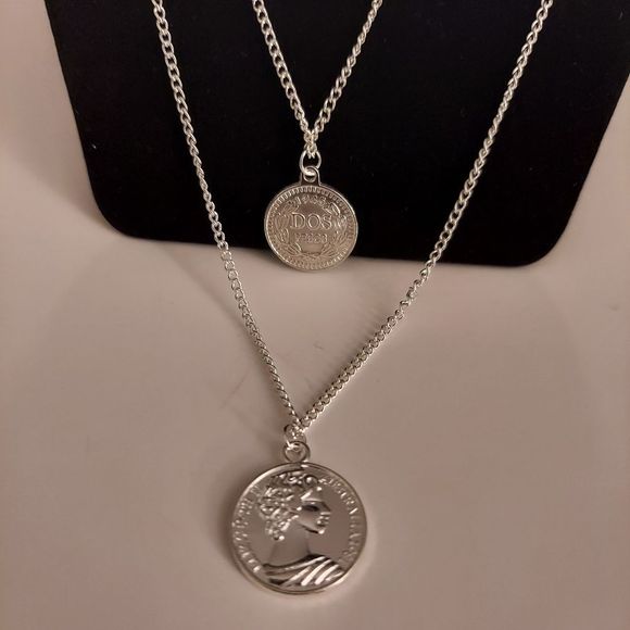 Silver tone Layered Look Necklace with Coins - Picture 4 of 7